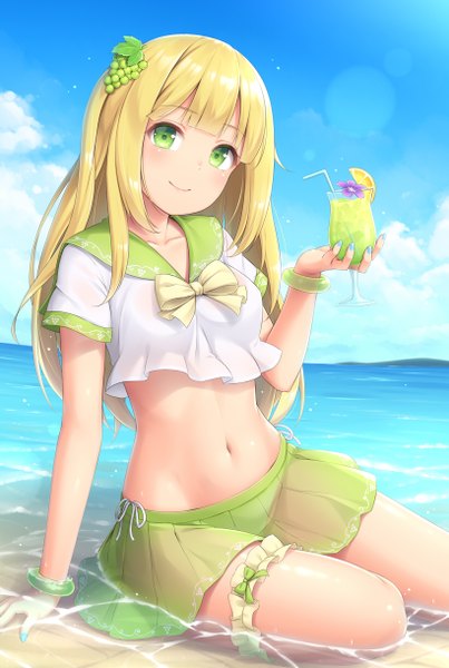 Anime picture 820x1220 with original sasaame single long hair tall image looking at viewer blush fringe light erotic blonde hair smile sitting holding green eyes sky cloud (clouds) blunt bangs nail polish pleated skirt fingernails