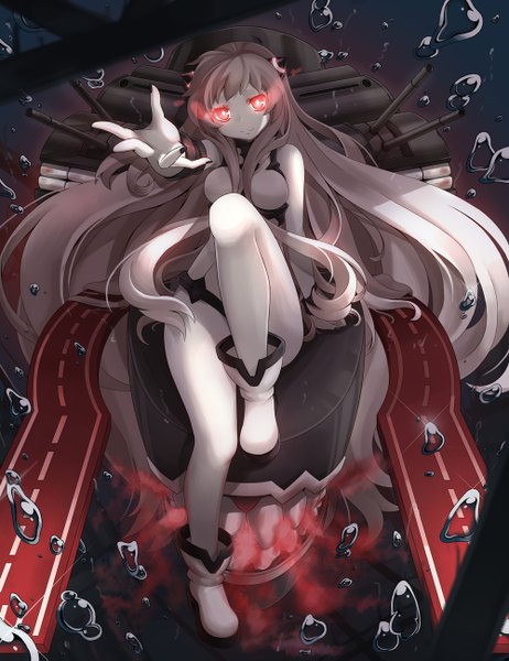 Anime picture 1000x1299 with kantai collection airfield hime sora (dkssud6580) single tall image looking at viewer blush fringe breasts light erotic red eyes sitting bare shoulders bent knee (knees) white hair very long hair head tilt horn (horns) fingernails light smile