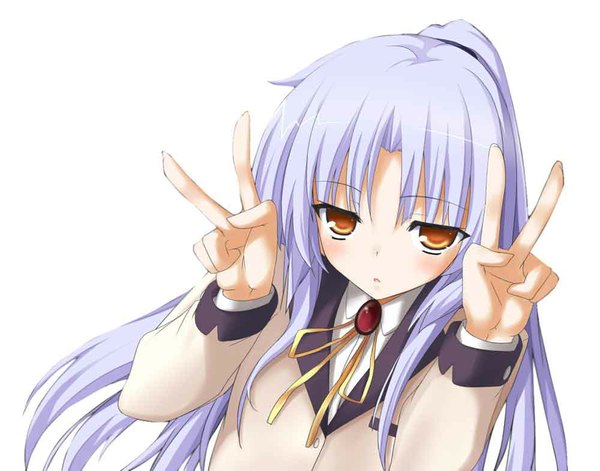 Anime picture 1000x785 with angel beats! key (studio) tachibana kanade tagme (artist) single long hair blush open mouth simple background white background brown eyes silver hair victory girl uniform school uniform