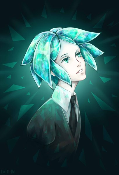 Anime picture 1207x1774 with houseki no kuni phosphophyllite lon-li-mei single tall image short hair simple background upper body parted lips aqua eyes aqua hair glowing looking up androgynous uniform necktie