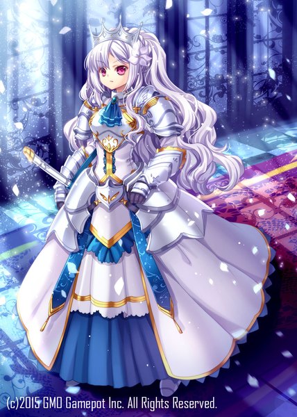 Anime picture 800x1122 with original capura lin single long hair tall image looking at viewer red eyes white hair hair flower girl dress hair ornament flower (flowers) weapon petals sword armor crown armored dress