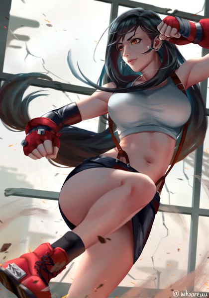 Anime picture 1000x1429 with final fantasy final fantasy vii square enix tifa lockhart whoareuu single long hair tall image fringe breasts light erotic black hair large breasts brown eyes signed looking away bent knee (knees) midriff floating hair low ponytail