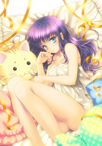 Anime picture 703x1000 with original touto seiro single long hair tall image looking at viewer blue eyes light erotic purple hair girl ribbon (ribbons) toy stuffed animal blanket