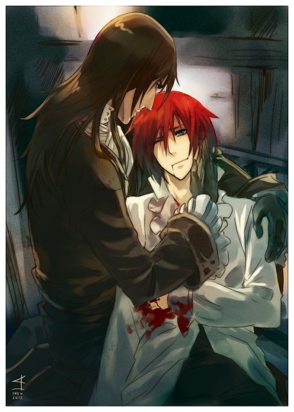 Anime picture 738x1032 with d.gray-man lavi cross marian anhellica long hair tall image short hair brown hair sitting green eyes red hair lying multiple boys alternate costume hug reclining face to face boy gloves shirt