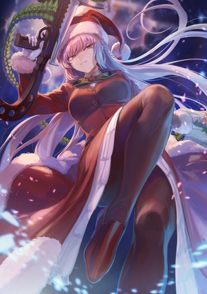 Anime picture 1116x1579 with fate (series) fate/grand order florence nightingale (fate) florence nightingale (santa) (fate) mashuu (neko no oyashiro) single long hair tall image looking at viewer fringe breasts hair between eyes red eyes standing holding pink hair bent knee (knees) braid (braids) long sleeves head tilt