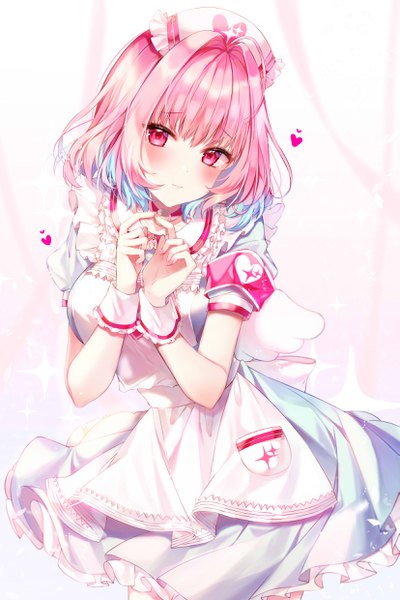 Anime picture 1653x2480 with idolmaster idolmaster cinderella girls yumemi riamu taya oco single tall image looking at viewer blush fringe short hair breasts simple background red eyes pink hair head tilt arms up two-tone hair short sleeves puffy sleeves frilled dress