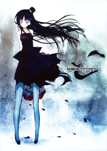 Anime picture 2569x3630 with k-on! kyoto animation akiyama mio kagome (traumatize) single long hair tall image highres blue eyes black hair standing bare shoulders wind inscription sleeveless hands behind back girl dress hat petals