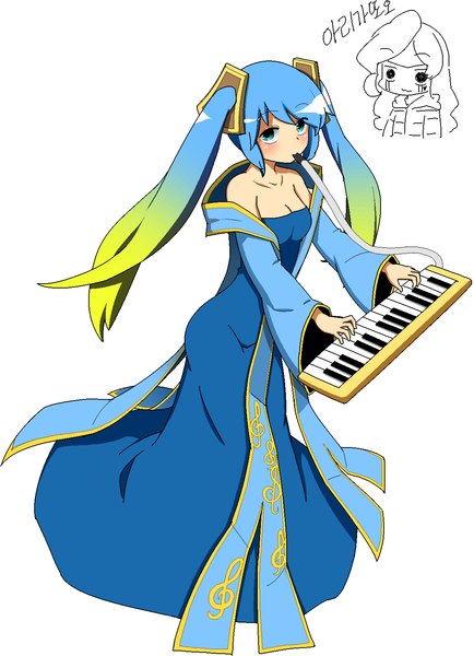 Anime picture 1152x1593 with league of legends sona buvelle raoorica single long hair tall image looking at viewer blush blue eyes simple background white background twintails bare shoulders multicolored hair two-tone hair girl dress musical instrument keyboard (instrument) melodica