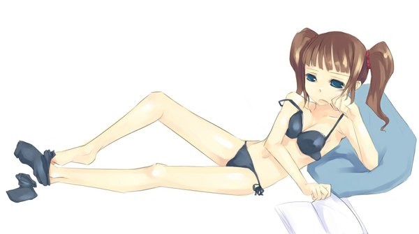 Anime picture 1070x600 with idolmaster idolmaster (classic) takatsuki yayoi mikage sekizai light erotic wide image twintails barefoot soles girl swimsuit bikini socks black bikini side-tie bikini