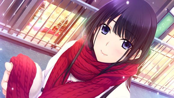 Anime picture 1280x720 with niizuma lovely x cation isurugi yuki iizuki tasuku single long hair looking at viewer blush fringe black hair smile wide image purple eyes game cg from above snowing winter exhalation girl scarf red scarf