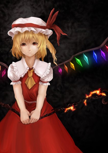 Anime picture 1151x1630 with touhou flandre scarlet mizuti (artist) single tall image short hair blonde hair red eyes one side up girl dress skirt weapon wings skirt set laevatein (touhou)