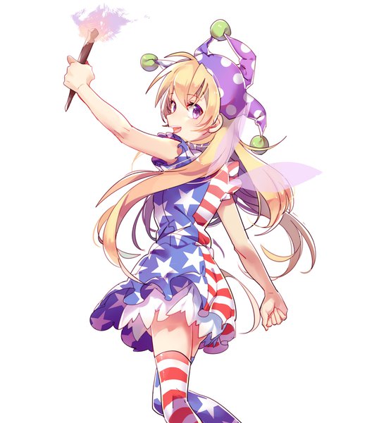 Anime picture 2000x2300 with touhou clownpiece aibivy single long hair tall image looking at viewer highres open mouth simple background blonde hair white background purple eyes looking back arm up from behind polka dot star print different thighhighs girl