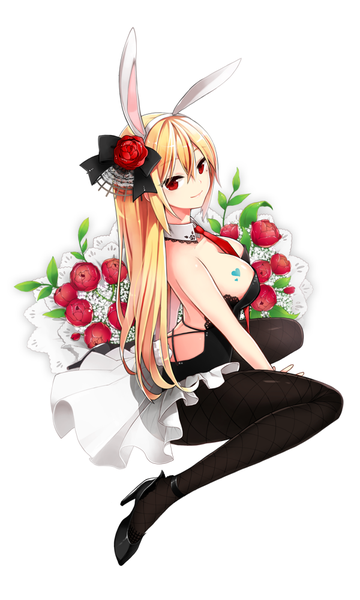 Anime picture 600x1000 with original ubina single long hair tall image looking at viewer breasts light erotic blonde hair red eyes white background animal ears bunny ears girl dress hair ornament flower (flowers) pantyhose necktie black pantyhose