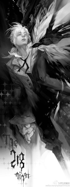 Anime picture 1240x3274 with d.gray-man allen walker heise wanbaolu single long hair tall image signed white hair ponytail inscription grey eyes outstretched arm monochrome face face paint boy hat glasses feather (feathers)