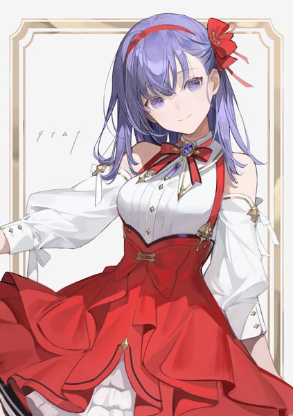 Anime picture 1443x2048 with fate (series) fate/stay night matou sakura chyoel single long hair tall image looking at viewer fringe smile hair between eyes purple eyes purple hair head tilt framed girl skirt detached sleeves headband red skirt