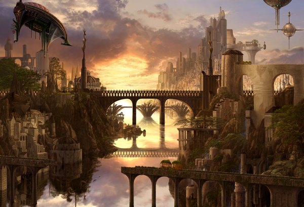 Anime picture 1465x1000 with original ucchiey city mountain landscape fantasy panorama water castle aircraft bridge airship