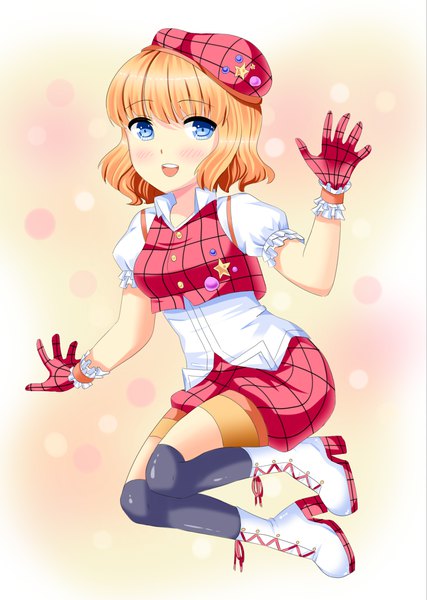 Anime picture 856x1204 with original juul single tall image looking at viewer blush fringe short hair open mouth blue eyes simple background smile hair between eyes full body bent knee (knees) :d orange hair high heels puffy sleeves happy
