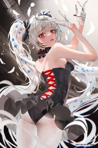 Anime picture 1667x2500 with virtual youtuber nijisanji nijisanji en reimu endou shei99 single tall image looking at viewer breasts light erotic red eyes standing twintails signed silver hair ass very long hair nail polish looking back multicolored hair