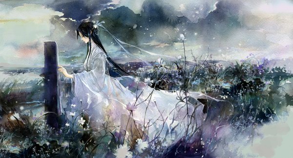 Anime picture 1705x920 with original he he wu single long hair highres black hair wide image sky cloud (clouds) eyes closed traditional clothes profile night sky kneeling landscape nature girl dress hair ornament flower (flowers)