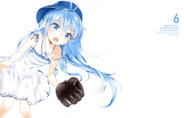 Anime picture 3500x2247 with denpa onna to seishun otoko shaft (studio) touwa erio buriki single long hair highres open mouth blue eyes simple background white background blue hair absurdres scan official art loli girl dress sundress flat cap