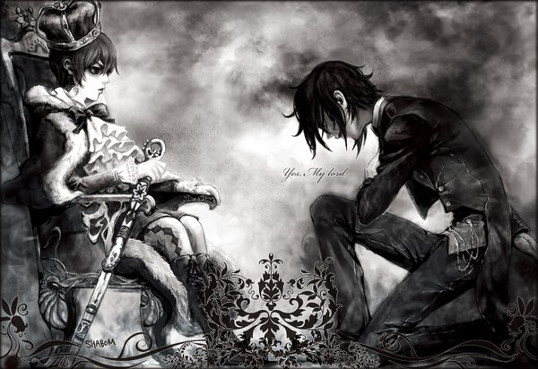 Anime picture 1453x1000 with kuroshitsuji a-1 pictures sebastian michaelis ciel phantomhive shabomu short hair black hair simple background holding profile black eyes grey background multiple boys kneeling monochrome butler boy weapon sword frills