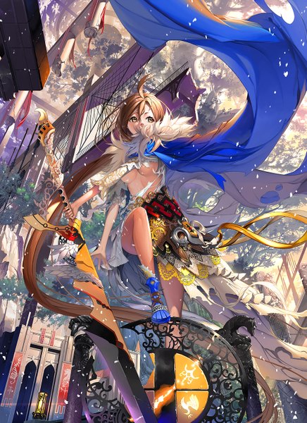 Anime picture 993x1364 with original justminor single tall image breasts light erotic brown hair standing brown eyes sky cloud (clouds) ahoge long sleeves very long hair underboob girl ribbon (ribbons) weapon plant (plants) sword