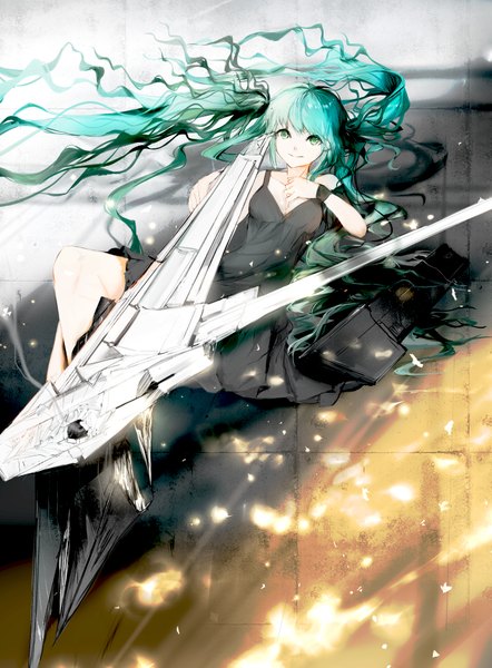 Anime picture 1465x1989 with vocaloid hatsune miku sa'yuki single long hair tall image looking at viewer fringe smile twintails bare shoulders bent knee (knees) aqua eyes aqua hair hand on chest wavy hair girl dress black dress