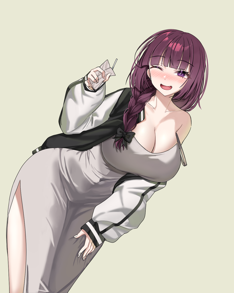 Anime picture 1200x1500 with bocchi the rock! cloverworks hiroi kikuri zzinbbang single long hair tall image blush breasts open mouth light erotic simple background large breasts purple eyes cleavage purple hair braid (braids) one eye closed open jacket leaning
