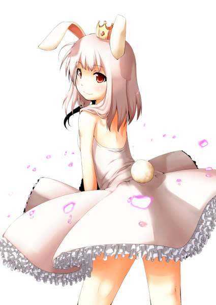 Anime picture 1075x1518 with shima (sh1mamu) single tall image short hair simple background smile red eyes white background white hair looking back bunny ears bunny tail girl dress crown