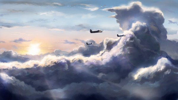 Anime picture 1280x723 with original gyan (akenosuisei) wide image sky cloud (clouds) sunlight flying sun aircraft airplane bomber