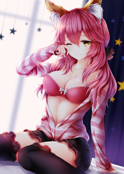 Anime picture 1284x1800 with fate (series) fate/grand order tamamo (fate) (all) tamamo no mae (fate) wsman single long hair tall image looking at viewer blush fringe breasts light erotic hair between eyes large breasts sitting animal ears yellow eyes pink hair cleavage