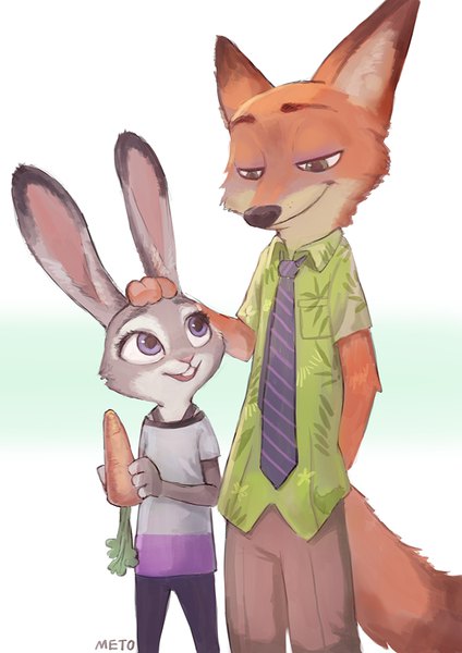 Anime picture 700x990 with zootopia disney judy hopps nick wilde meto31 tall image open mouth simple background smile standing white background purple eyes holding green eyes signed couple striped eye contact arm behind back hand on another's head