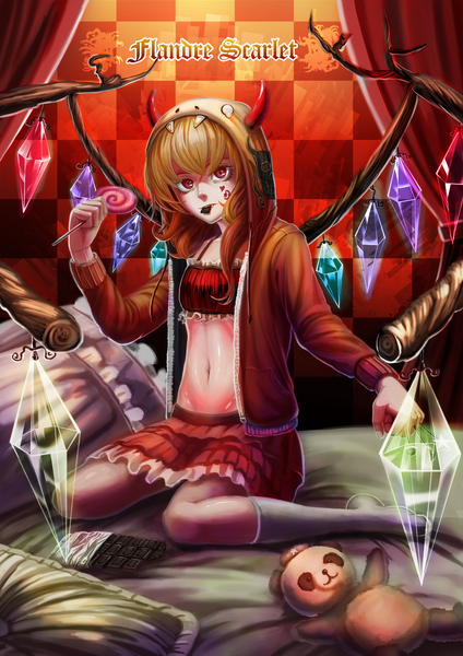 Anime picture 1240x1754 with touhou flandre scarlet hong meiling (panda) recare single long hair tall image looking at viewer fringe light erotic blonde hair red eyes sitting long sleeves fang (fangs) tattoo depth of field character names shiny skin wariza
