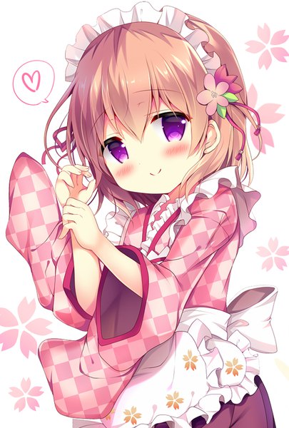 Anime picture 675x1000 with gochuumon wa usagi desu ka? white fox hoto cocoa azumi kazuki single tall image looking at viewer blush fringe short hair smile hair between eyes brown hair white background purple eyes traditional clothes japanese clothes checkered floral background wa maid