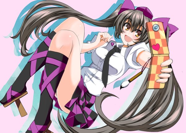 Anime picture 1399x1000 with touhou himekaidou hatate iwanori (artist) long hair open mouth black hair twintails yellow eyes checkered skirt girl skirt socks black socks phone