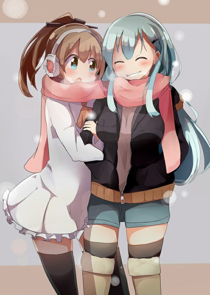 Anime picture 600x845 with kantai collection suzuya heavy cruiser kumano heavy cruiser paito long hair tall image blush fringe breasts open mouth smile standing multiple girls blue hair looking away ponytail eyes closed head tilt open jacket alternate costume
