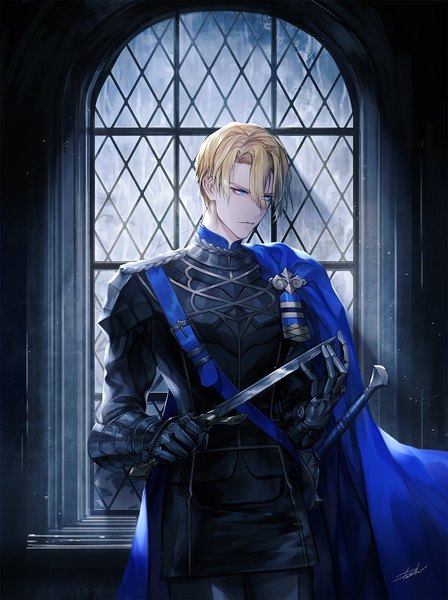 Anime picture 1300x1740 with fire emblem fire emblem: three houses nintendo dimitri alexandre blaiddyd danhu single tall image fringe short hair blue eyes blonde hair hair between eyes standing holding signed looking away indoors boy gloves weapon
