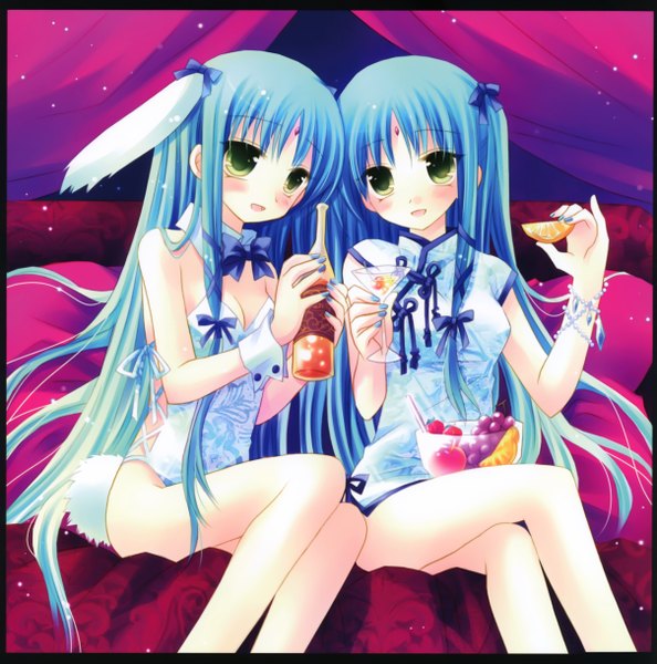 Anime picture 4825x4874 with sakurazawa izumi long hair tall image blush highres open mouth light erotic bare shoulders multiple girls green eyes blue hair absurdres bunny ears crossed legs chinese clothes bunny girl girl 2 girls fruit chinese dress