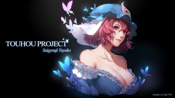 Anime picture 2080x1170 with touhou saigyouji yuyuko sola7764 single looking at viewer highres short hair breasts light erotic wide image bare shoulders pink hair cleavage pink eyes inscription dark background girl dress insect butterfly