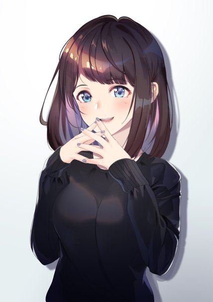 Anime picture 2480x3508 with original tsubasa19900920 single tall image looking at viewer blush fringe highres short hair breasts open mouth blue eyes simple background smile brown hair payot upper body blunt bangs nail polish multicolored hair