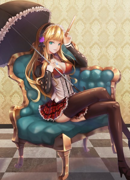 Anime picture 1535x2126 with original songh21 single long hair tall image looking at viewer fringe breasts light erotic blonde hair sitting holding cleavage indoors blunt bangs parted lips aqua eyes high heels pantyshot lipstick