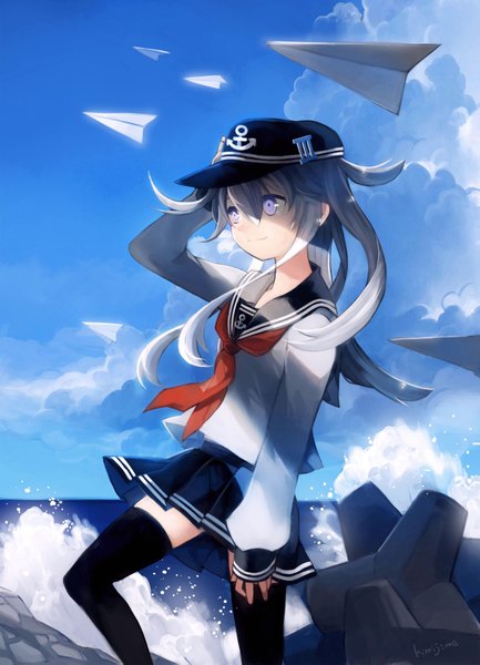 Anime picture 1485x2055 with kantai collection hibiki destroyer kimijima0301 single long hair tall image fringe hair between eyes standing purple eyes signed looking away sky silver hair cloud (clouds) bent knee (knees) outdoors pleated skirt arm up light smile