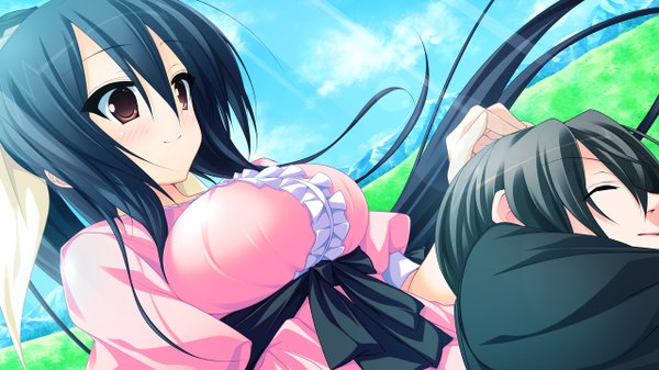 Anime picture 1280x720 with tiny dungeon (game) rosebleu vell sein long hair light erotic black hair wide image brown eyes game cg couple girl boy