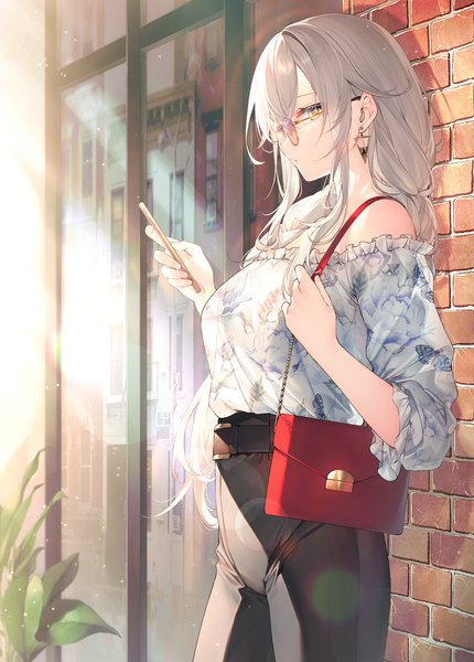 Anime picture 1061x1481 with original toosaka asagi single long hair tall image looking at viewer fringe hair between eyes standing holding yellow eyes payot silver hair outdoors profile sunlight off shoulder lens flare floral print animal print
