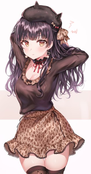 Anime picture 1333x2548 with idolmaster idolmaster shiny colors mayuzumi fuyuko tokkyu single long hair tall image looking at viewer blush fringe breasts black hair simple background standing brown eyes cleavage blunt bangs arms up zettai ryouiki thigh gap