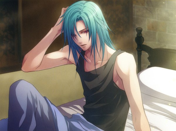 Anime picture 4246x3176 with wand of fortune idea factory alvaro garay usuba kagerou single long hair highres red eyes sitting absurdres pink eyes scan aqua hair official art sleeveless hand on head boy bed