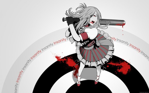 Anime picture 1440x900 with no more heroes bad girl kozaki yusuke single long hair open mouth simple background red eyes wide image grey hair polychromatic high contrast girl dress gloves blood baseball bat