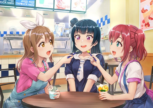 Anime picture 2134x1512 with love live! sunshine!! sunrise (studio) love live! tsushima yoshiko kurosawa ruby kunikida hanamaru shamakho long hair highres short hair open mouth black hair brown hair sitting purple eyes multiple girls brown eyes signed red hair indoors