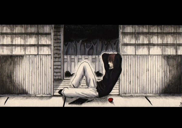Anime picture 2336x1640 with death note madhouse yagami light single highres short hair boy apple