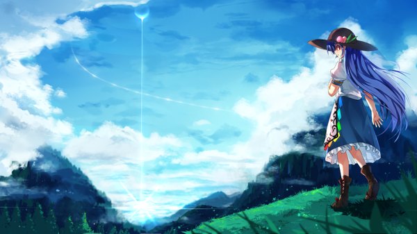 Anime picture 3000x1685 with touhou hinanawi tenshi baisi shaonian long hair highres red eyes wide image blue hair sky cloud (clouds) mountain girl dress hat boots